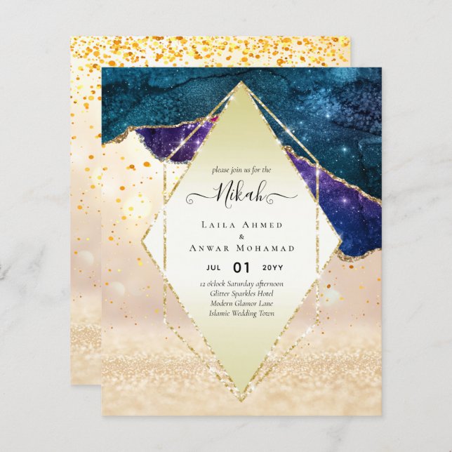 Nikah Wedding Invites  AGATE GOLD GLITTER BUDGET (Front/Back)