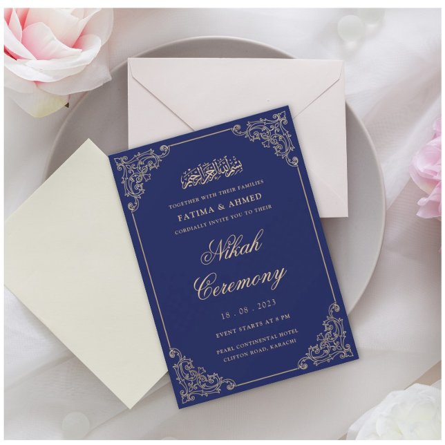 Nikkah Blue Gold Islamic Muslim Wedding Invitation (Creator Uploaded)