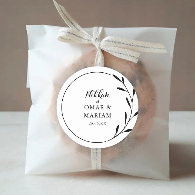 Nikkah Elegant Black White Botanical Wedding Favou Classic Round Sticker (Creator Uploaded)