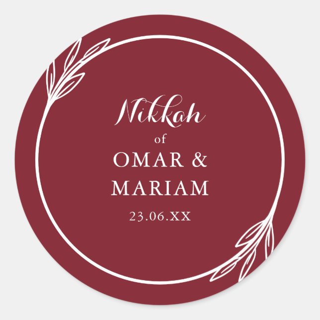 Nikkah Elegant Burgundy Botanical Quote Classic Round Sticker (Front)