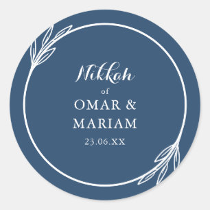 Nikkah Elegant Navy Botanical Quote Classic Round Sticker