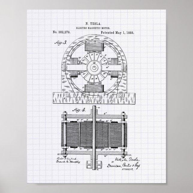 Nikola Tesla 1888 Patent Art - Lined Peper Poster (Front)