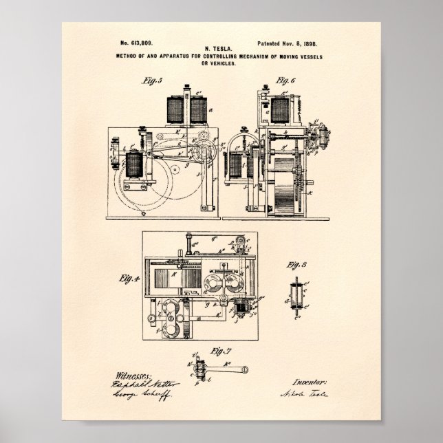 Nikola Tesla 1898 Patent Art - Old Peper Poster (Front)