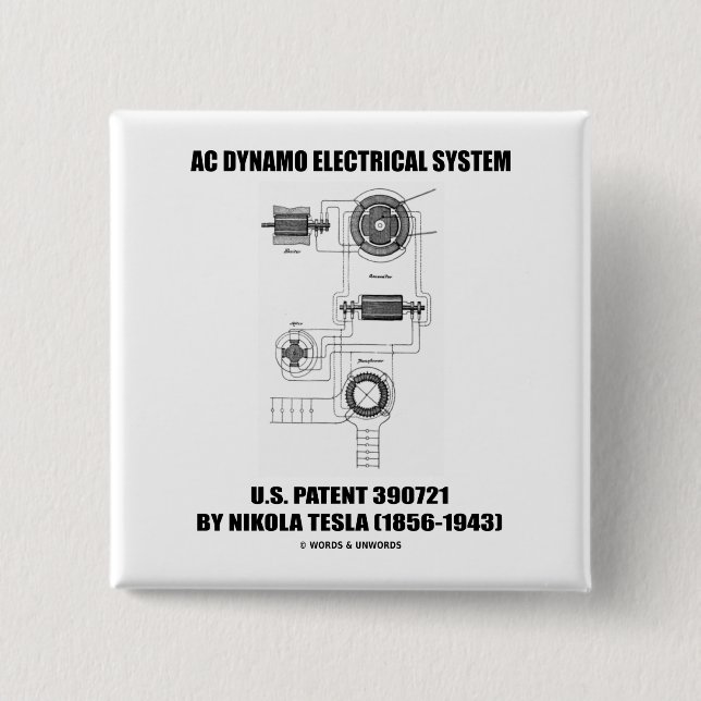 Nikola Tesla AC Dynamo Electrical System Patent 2 Inch Square Button (Front)