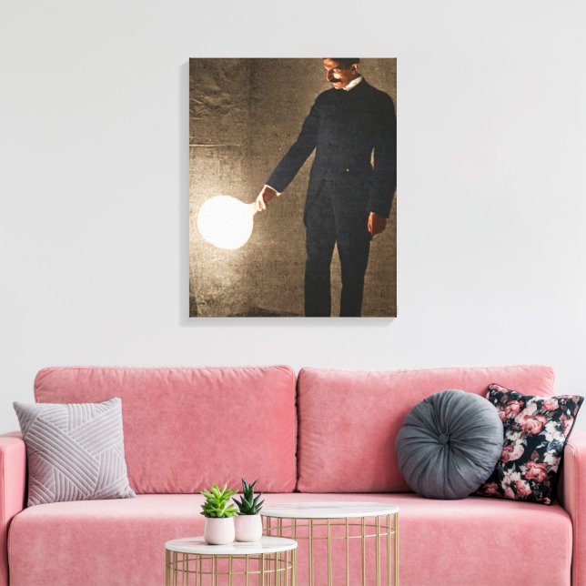 Nikola Tesla Holding A Light Bulb Canvas Print (Insitu(LivingRoom))