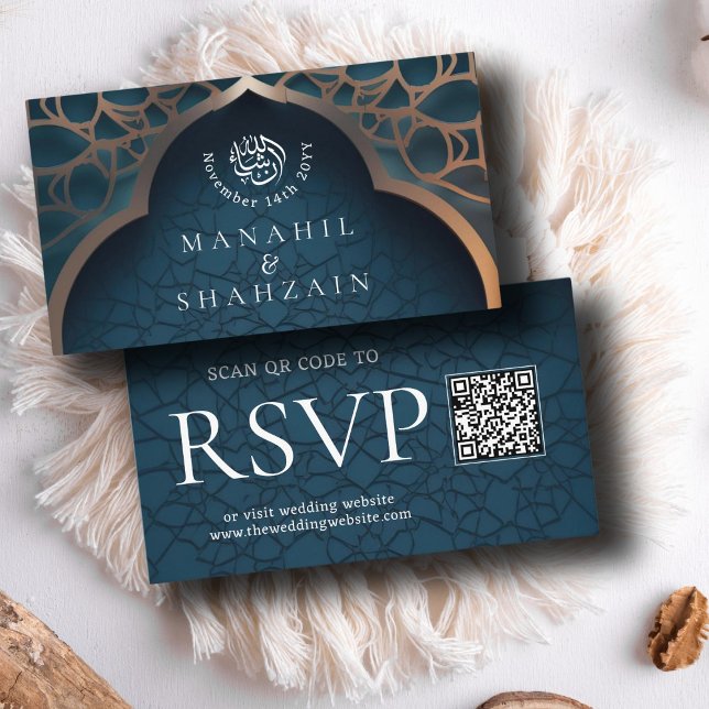 Nile Blue Islamic Arch QR Code RSVP Wedd Website Enclosure Card (Creator Uploaded)