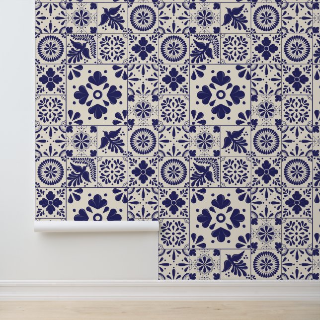 Nile Blue Linen Mexican Traditional Talavera Tiles Wallpaper (Application)