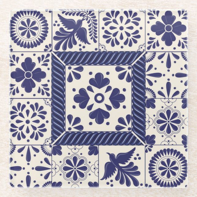 Nile Blue Mexican Traditional Birds Talavera  Glass Coaster (Front)