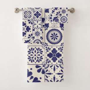 Nile Blue Mexican Traditional Floral Talavera Bath Towel Set