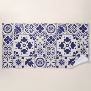 Nile Blue Mexican Traditional Floral Talavera  Beach Towel