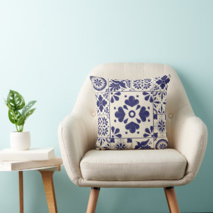 Nile Blue Mexican Traditional Floral Talavera Throw Pillow