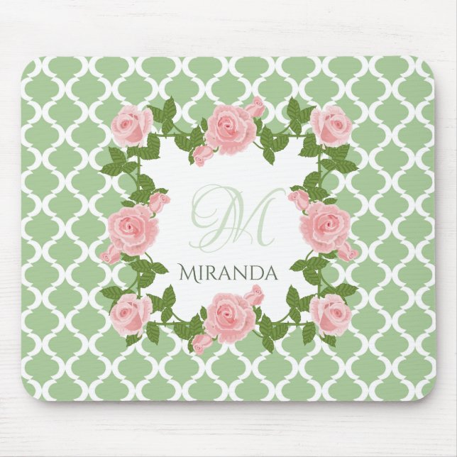 Nile Green Quatrefoil Pink Rose Monogram With Name Mouse Pad (Front)
