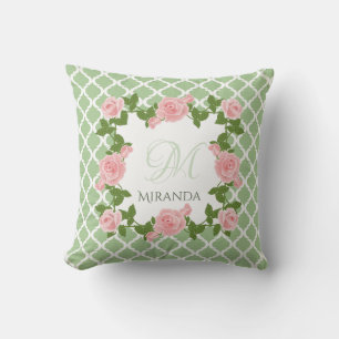 Nile Green Quatrefoil Pink Rose Monogram With Name Throw Pillow
