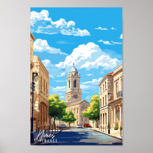 Nimes France vintage travel illustration Poster