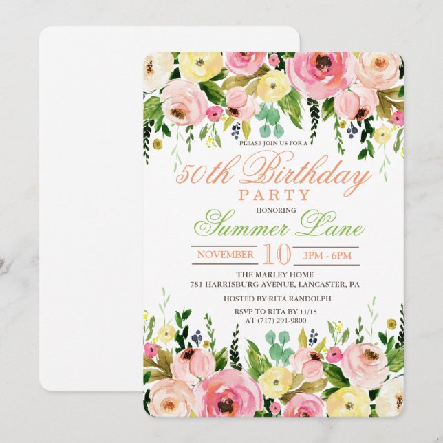 N'IMPORTE QUEL ÂGE - Invitation Florale Anniversai (Devant / Derrière)