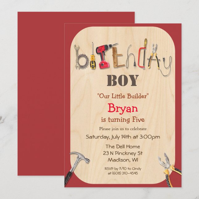N'IMPORTE QUEL ÂGE - Outil Boy Builder Invitation  (Devant / Derrière)