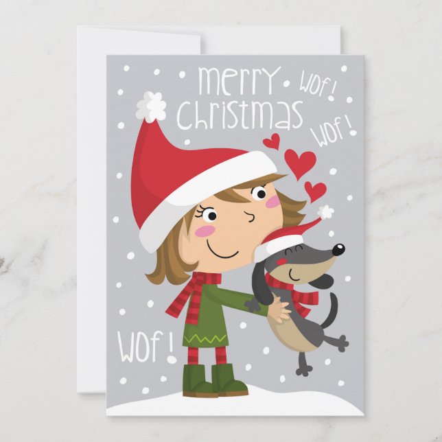 Niña y perro salchicha. Little girl and dachshund. Holiday Card (Front)