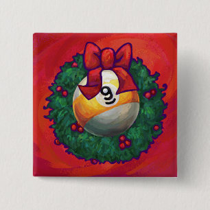 Nine Ball in Christmas Wreath on Red 2 Inch Square Button