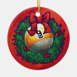 Nine Ball in Christmas Wreath on Red Ceramic Ornament