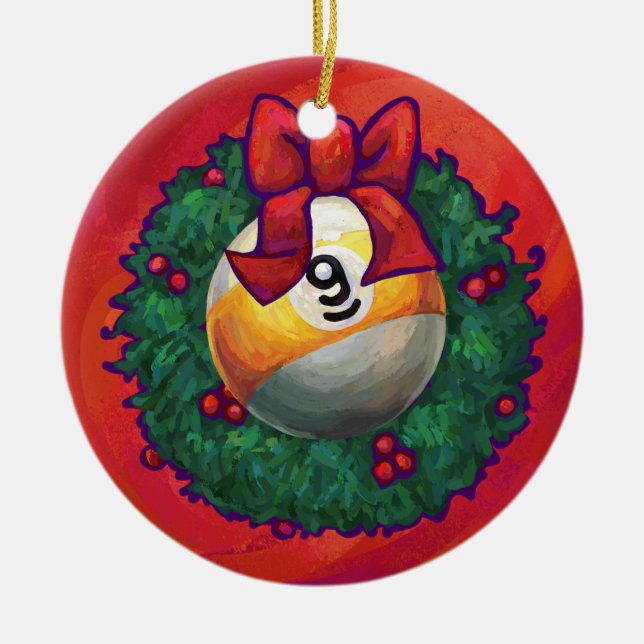 Nine Ball in Christmas Wreath on Red Ceramic Ornament (Front)