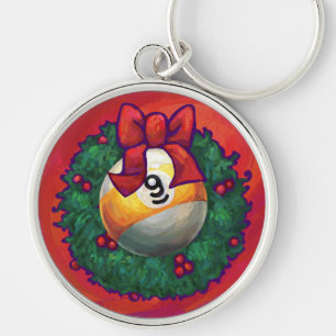 Nine Ball in Christmas Wreath on Red Keychain
