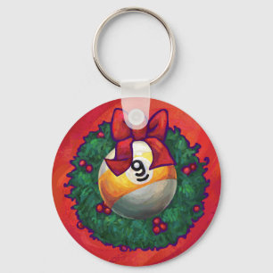 Nine Ball in Christmas Wreath on Red Keychain