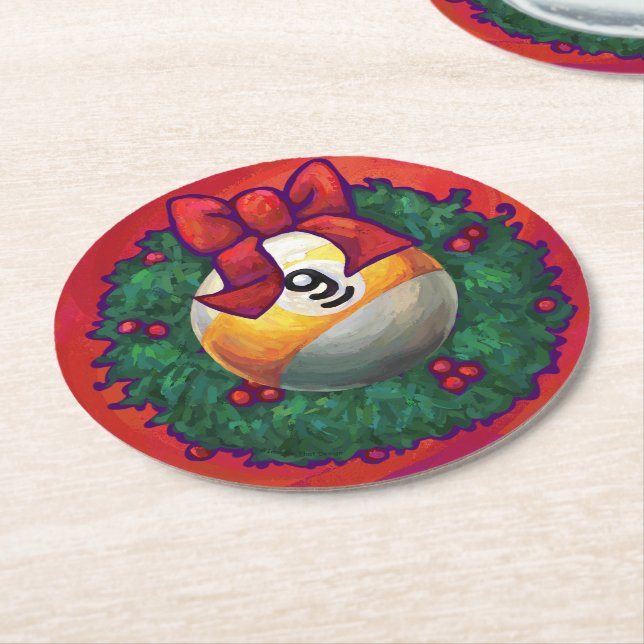 Nine Ball in Christmas Wreath on Red Round Paper Coaster (Angled)