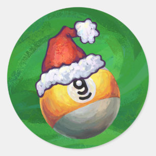 Nine Ball in Santa Hat on Green Classic Round Sticker
