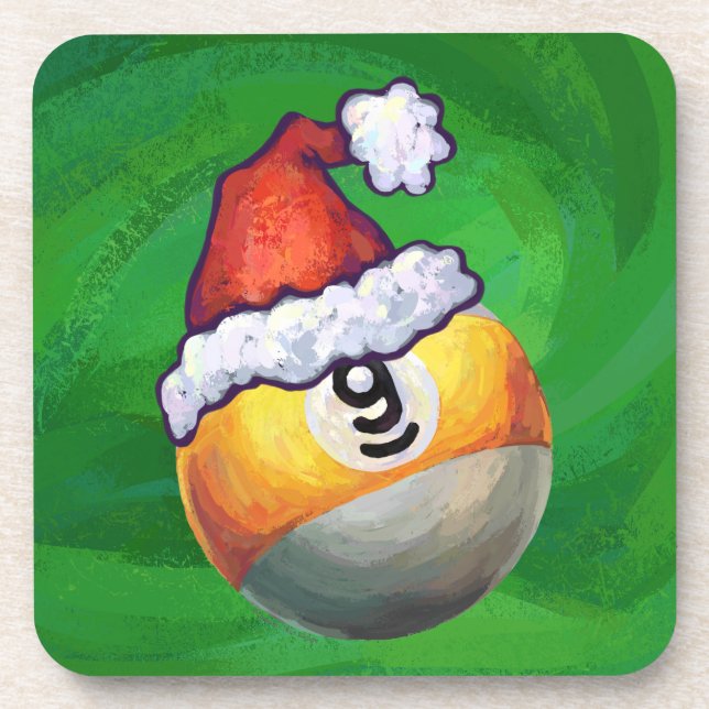 Nine Ball in Santa Hat on Green Coaster (Front)