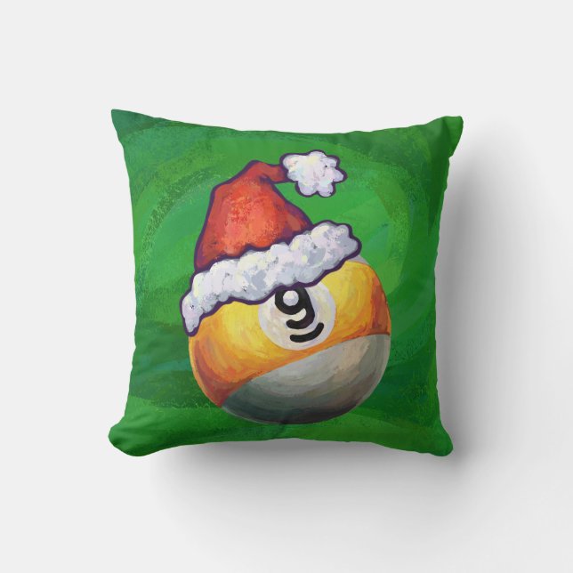 Nine Ball in Santa Hat on Green Throw Pillow (Front)