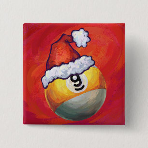 Nine Ball in Santa Hat on Red 2 Inch Square Button