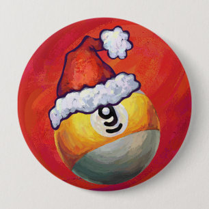 Nine Ball in Santa Hat on Red 4 Inch Round Button