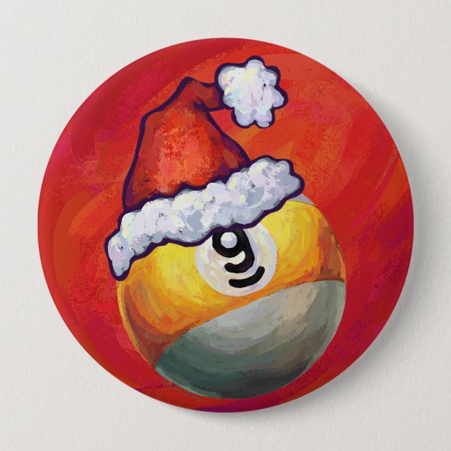 Nine Ball in Santa Hat on Red 4 Inch Round Button (Front)