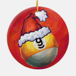Nine Ball in Santa Hat on Red Ceramic Ornament