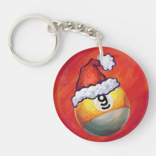 Nine Ball in Santa Hat on Red Keychain