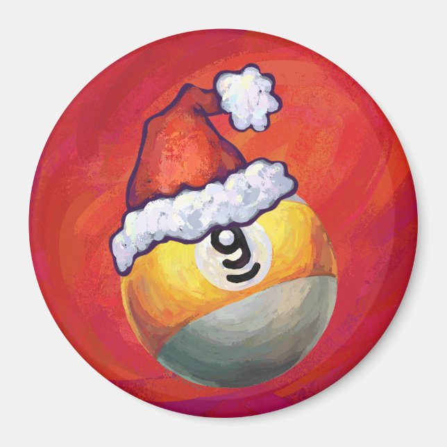 Nine Ball in Santa Hat on Red Magnet (Front)