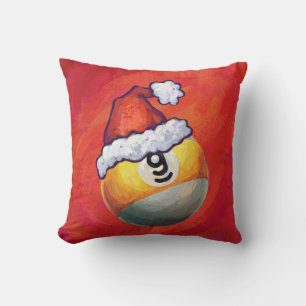 Nine Ball in Santa Hat on Red Throw Pillow
