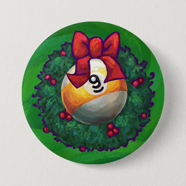 Nine Ball in Wreath on Green 3 Inch Round Button (Front)