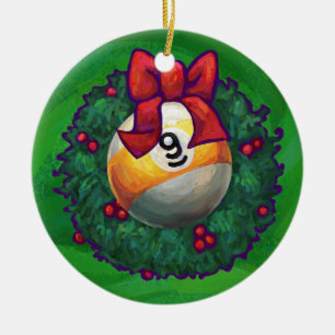 Nine Ball in Wreath on Green Ceramic Ornament