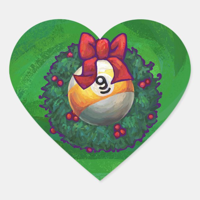 Nine Ball in Wreath on Green Heart Sticker (Front)