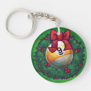 Nine Ball in Wreath on Green Keychain