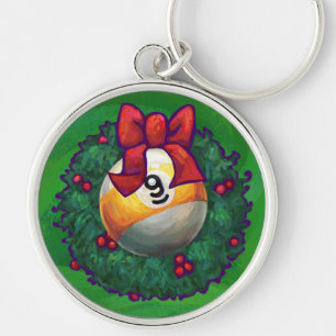 Nine Ball in Wreath on Green Keychain