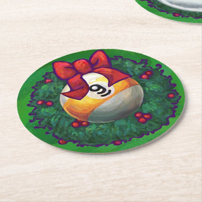 Nine Ball in Wreath on Green Round Paper Coaster (Angled)