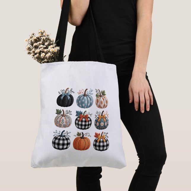 Nine Decorative Pumpkins Embroidery Tote Bag (Close Up)