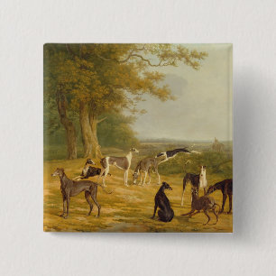 Nine Greyhounds in a Landscape (oil on canvas) 2 Inch Square Button