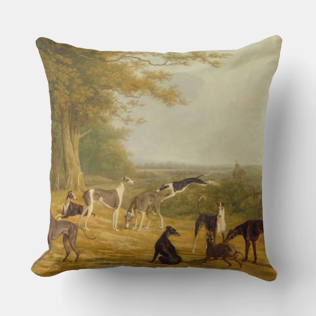 Nine Greyhounds in a Landscape (oil on canvas) Throw Pillow (Front)