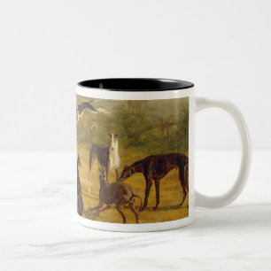 Nine Greyhounds in a Landscape (oil on canvas) Two-Tone Coffee Mug