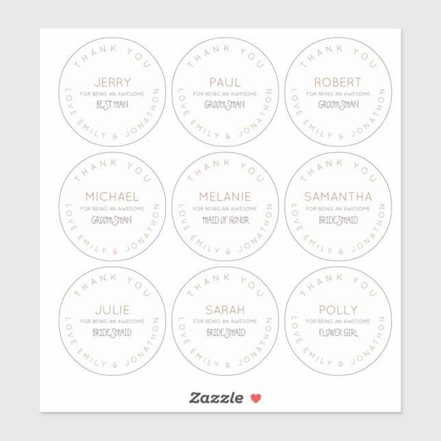 Nine Individual Names Thank You Bridal Party Small (Sheet)