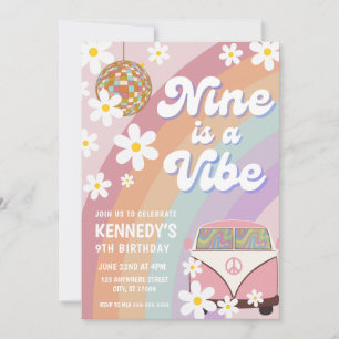 Nine is a vibe 9th birthday invitation groovy girl