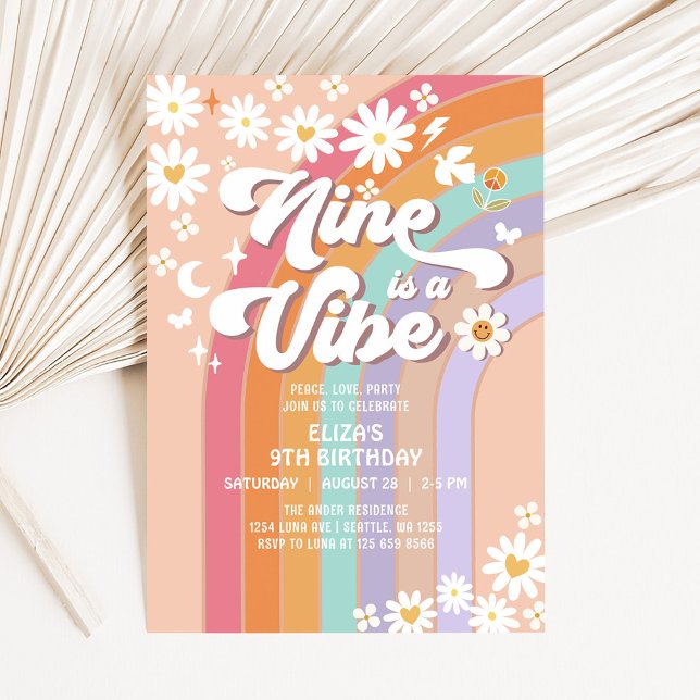 Nine is a Vibe Daisy Rainbow Groovy 9th Birthday Invitation (Creator Uploaded)